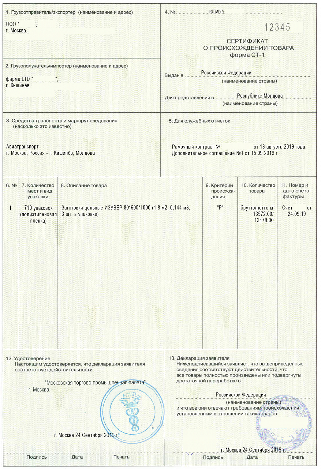 Сертификаты происхождения (форма СТ-1)
